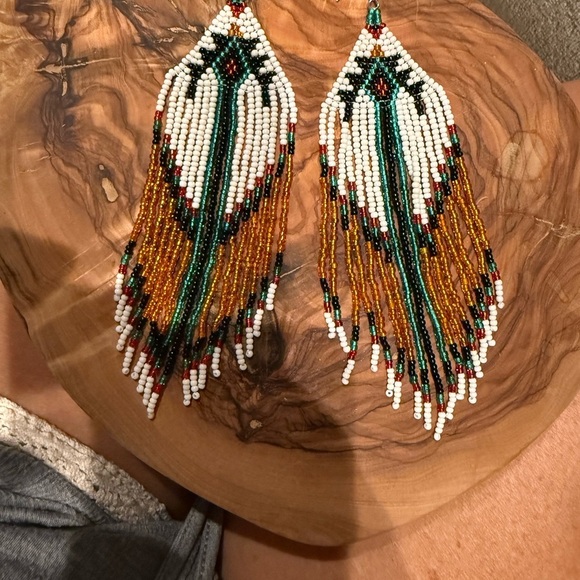 Handcrafted Beaded Earrings in Green and Gold - Picture 2 of 3